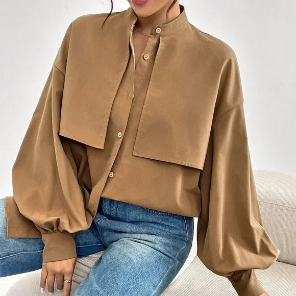 Casual Women's Lantern long Sleeve button down Blouse Tan - Picture 4 of 6